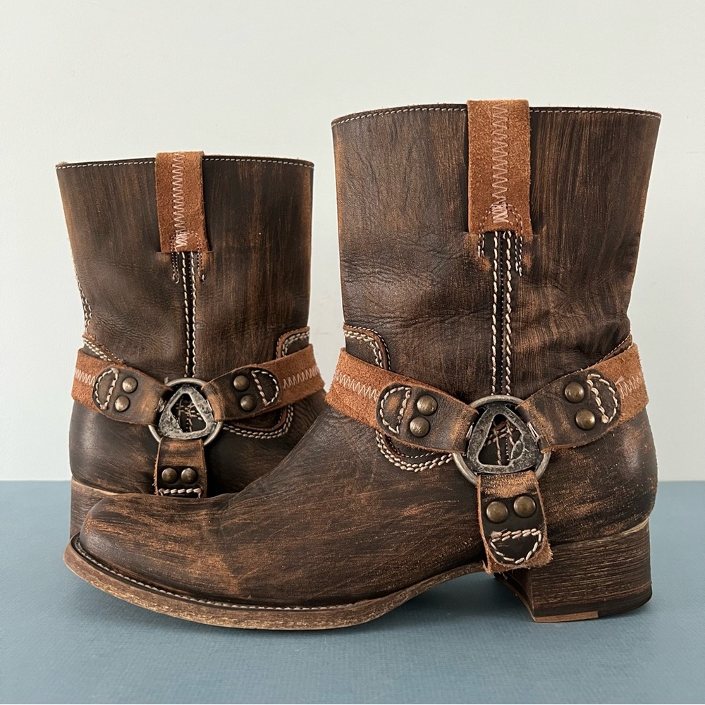 Bed Stu Roma Harness Distressed Brown Leather Western Moto Ankle Boots